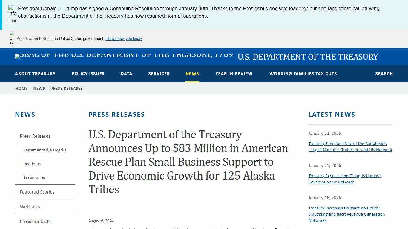 U.S. Department of the Treasury Announces Up to $83 Million in American Rescue Plan Small Business Support to Drive Economic Growth for 125 Alaska Tribes U.S. Department of the Treasury